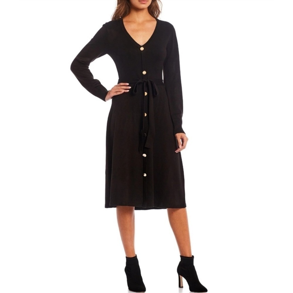 Eliza J Long Sleeve Knitted A-Line V Neck Black Dress Women's Size Small New